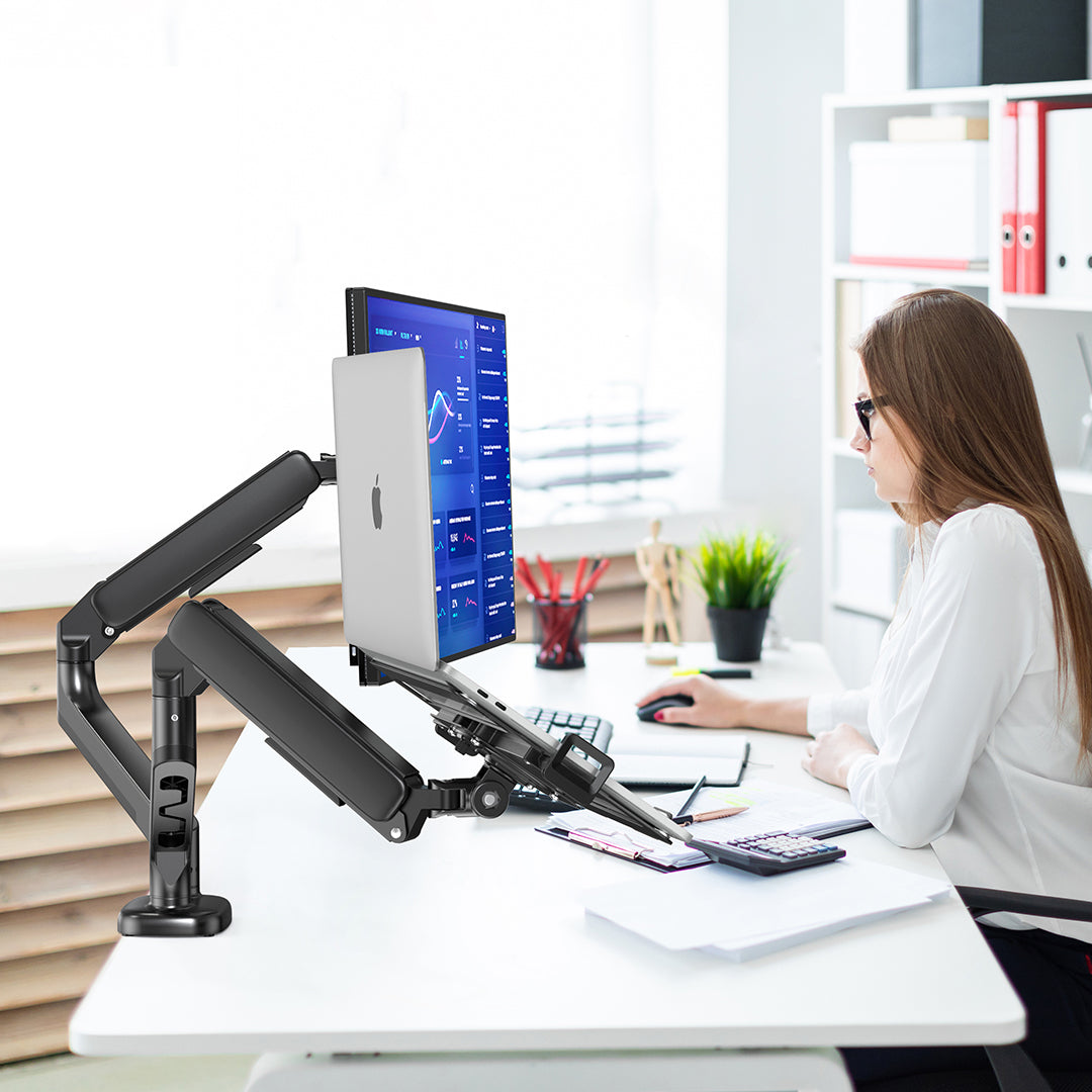 (X24N)BEWISER Dual Laptop Arm Mount for 13"-32” Monitor and 12" - 17" Notebook Desk Mount with Gas Spring,Adjustable 2-in-1 Computer Notebook Mount Desk Stand