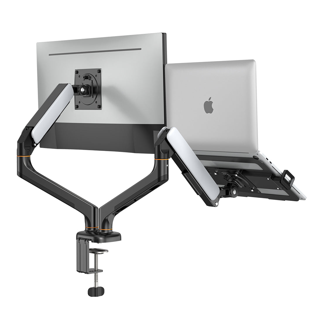 (X24N)BEWISER Dual Laptop Arm Mount for 13"-32” Monitor and 12" - 17" Notebook Desk Mount with Gas Spring,Adjustable 2-in-1 Computer Notebook Mount Desk Stand