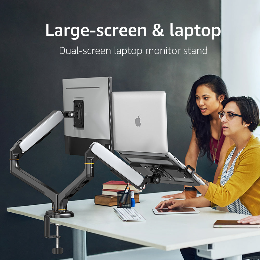 (X24N)BEWISER Dual Laptop Arm Mount for 13"-32” Monitor and 12" - 17" Notebook Desk Mount with Gas Spring,Adjustable 2-in-1 Computer Notebook Mount Desk Stand