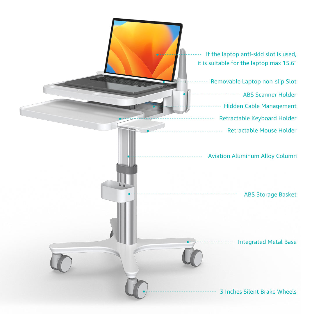 BEWISER Medical Cart Mobile Trolley Cart Height Adjustable Easy Installation Pallet Cart with Oral Scanner Holder Laptop Workstation（MTO-3）