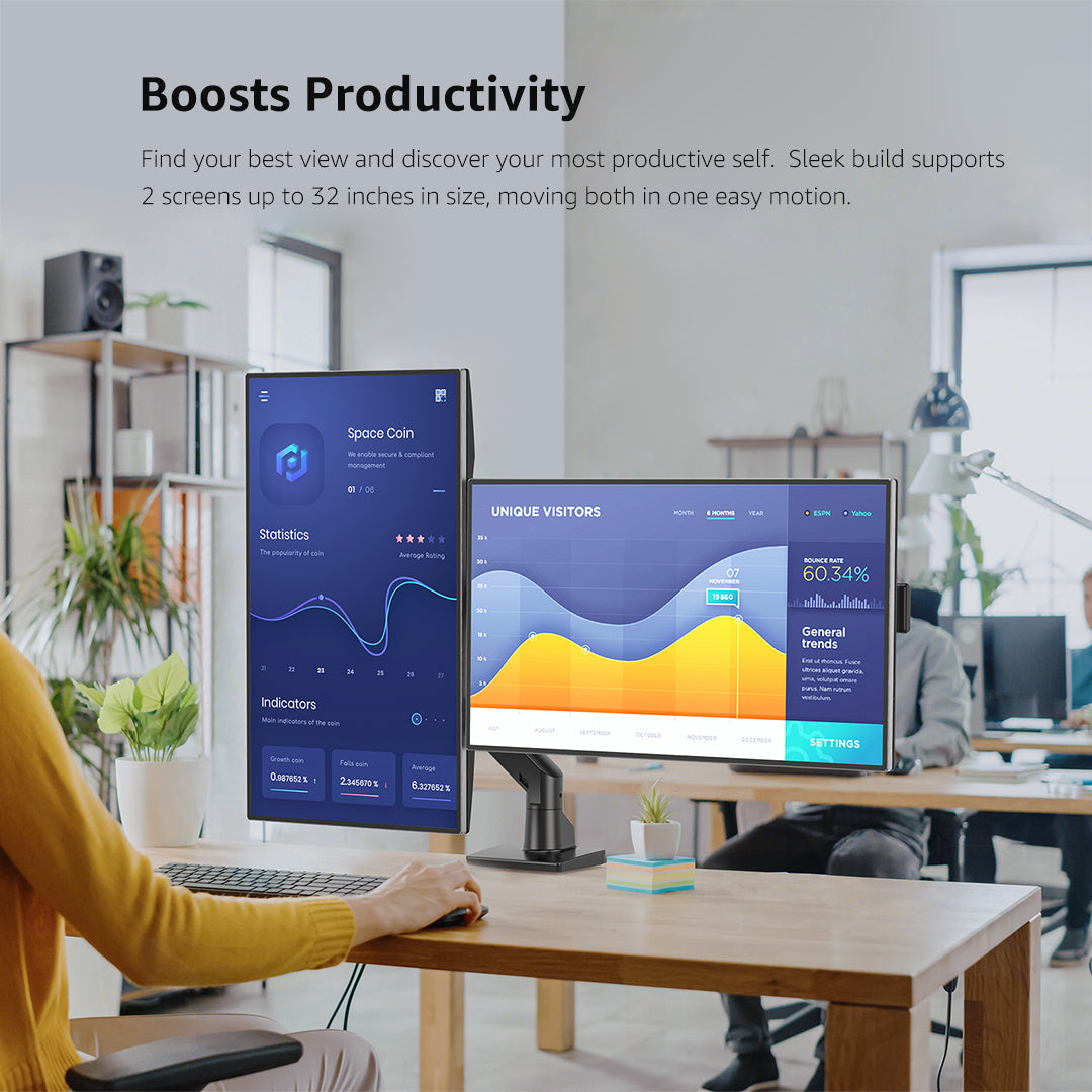 BEWISER Dual Monitor Arm for 17-32 Inch Screen,Black Heavy Duty Double Monitor Stand for Home Office,Extra Thick Arm VESA 75/100mm Desk Mount,Tilt Swivel Rotate(S1020D)
