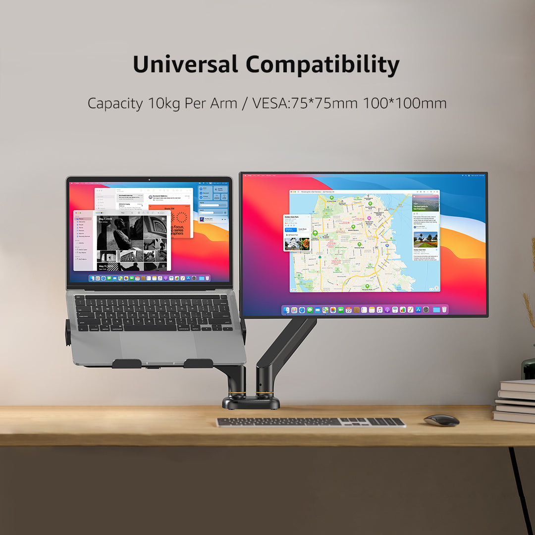 (X24N)BEWISER Dual Laptop Arm Mount for 13"-32” Monitor and 12" - 17" Notebook Desk Mount with Gas Spring,Adjustable 2-in-1 Computer Notebook Mount Desk Stand