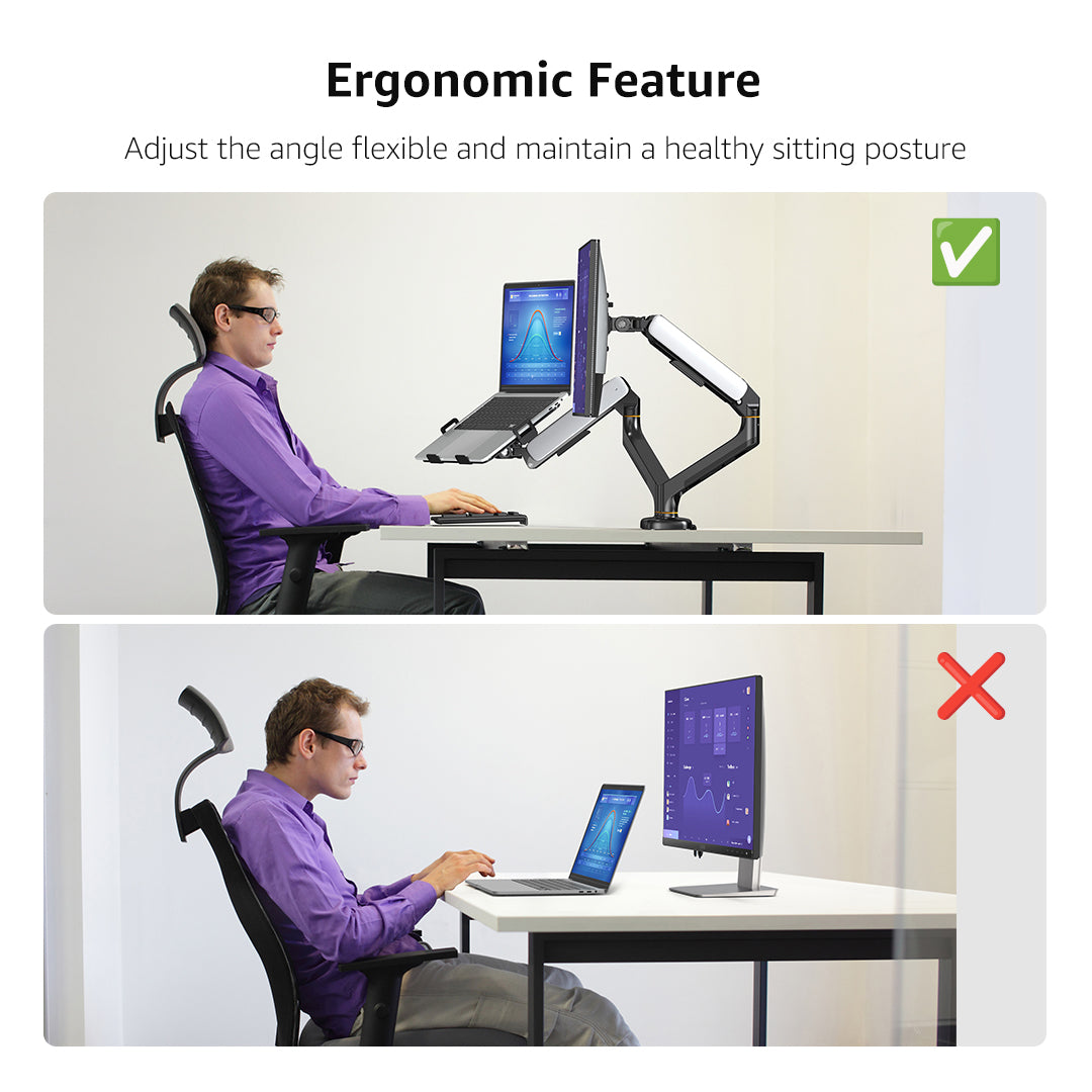 (X24N)BEWISER Dual Laptop Arm Mount for 13"-32” Monitor and 12" - 17" Notebook Desk Mount with Gas Spring,Adjustable 2-in-1 Computer Notebook Mount Desk Stand