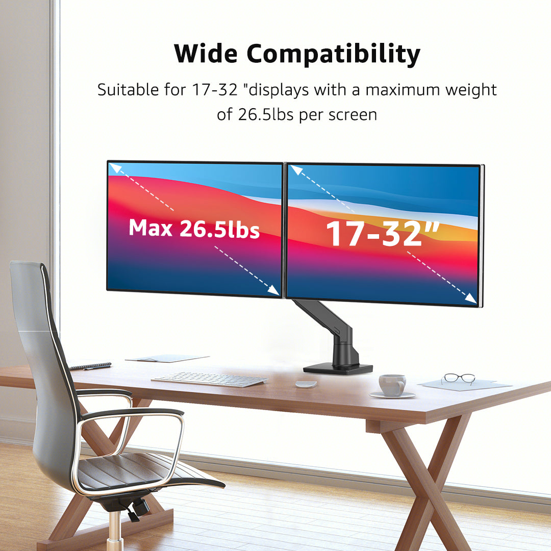 BEWISER Dual Monitor Arm for 17-32 Inch Screen,Black Heavy Duty Double Monitor Stand for Home Office,Extra Thick Arm VESA 75/100mm Desk Mount,Tilt Swivel Rotate(S1020D)