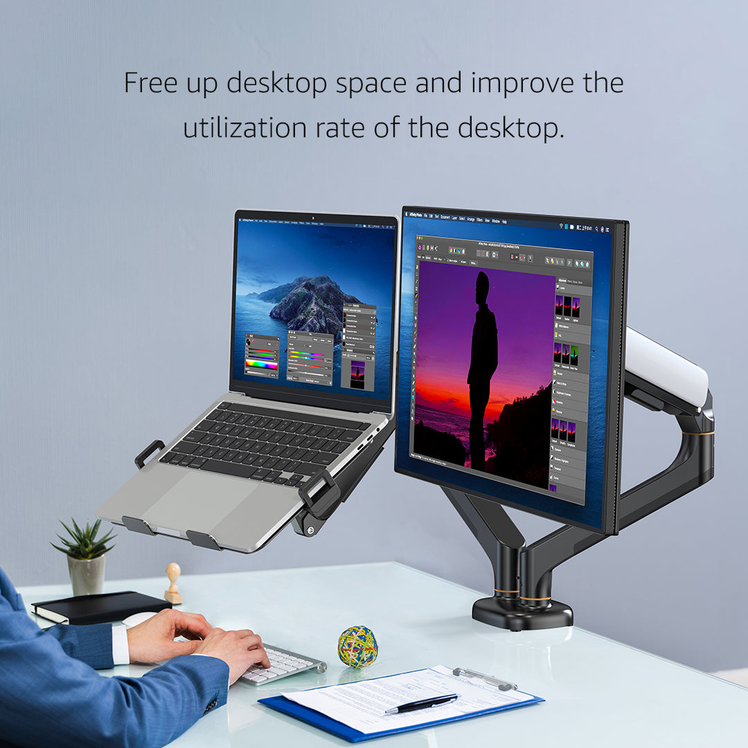 (X24N)BEWISER Dual Laptop Arm Mount for 13"-32” Monitor and 12" - 17" Notebook Desk Mount with Gas Spring,Adjustable 2-in-1 Computer Notebook Mount Desk Stand