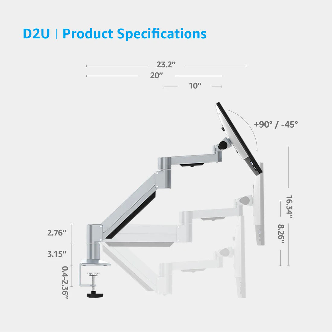 Monitor Arm Gas Spring Desk Mount,Heavy Duty Monitor Arm for Ultrawide Screen up to 43 inch,26.4lbs(D2U)