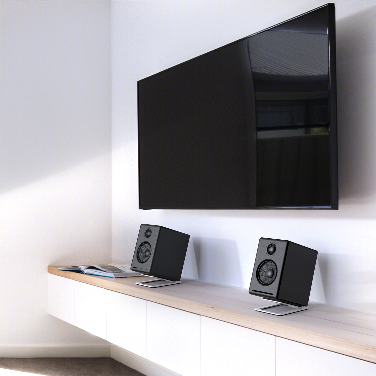 Metal Desktop Speaker Stands for Small Speakers, Tilted Tabletop Steel Computer Speaker Stands, Black (Pair)