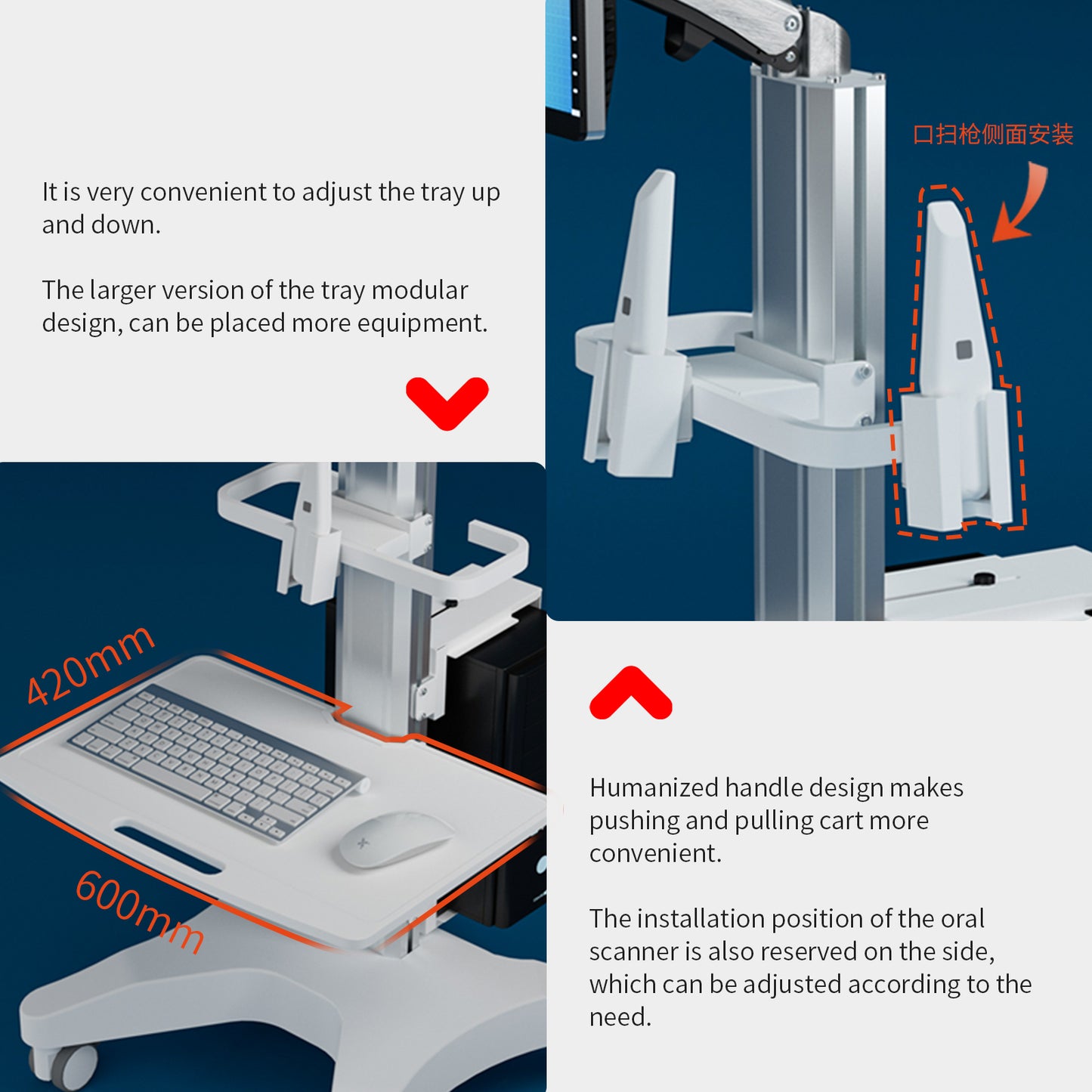 OC-1T/W BEWISER Mobile Trolley Cart Medical Cart with Wheels,With Monitor Arm And CPU Holder