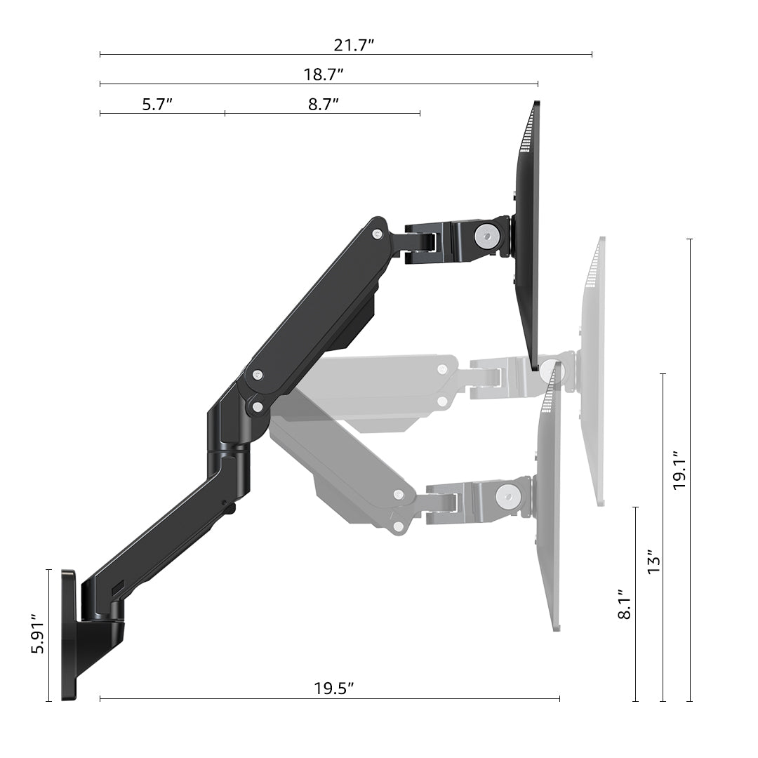 Single Ultrawide Monitor Arm , VESA Wall Mount – For 1000R Curved Monitors Up to 57 Inches, up to 44 lbs