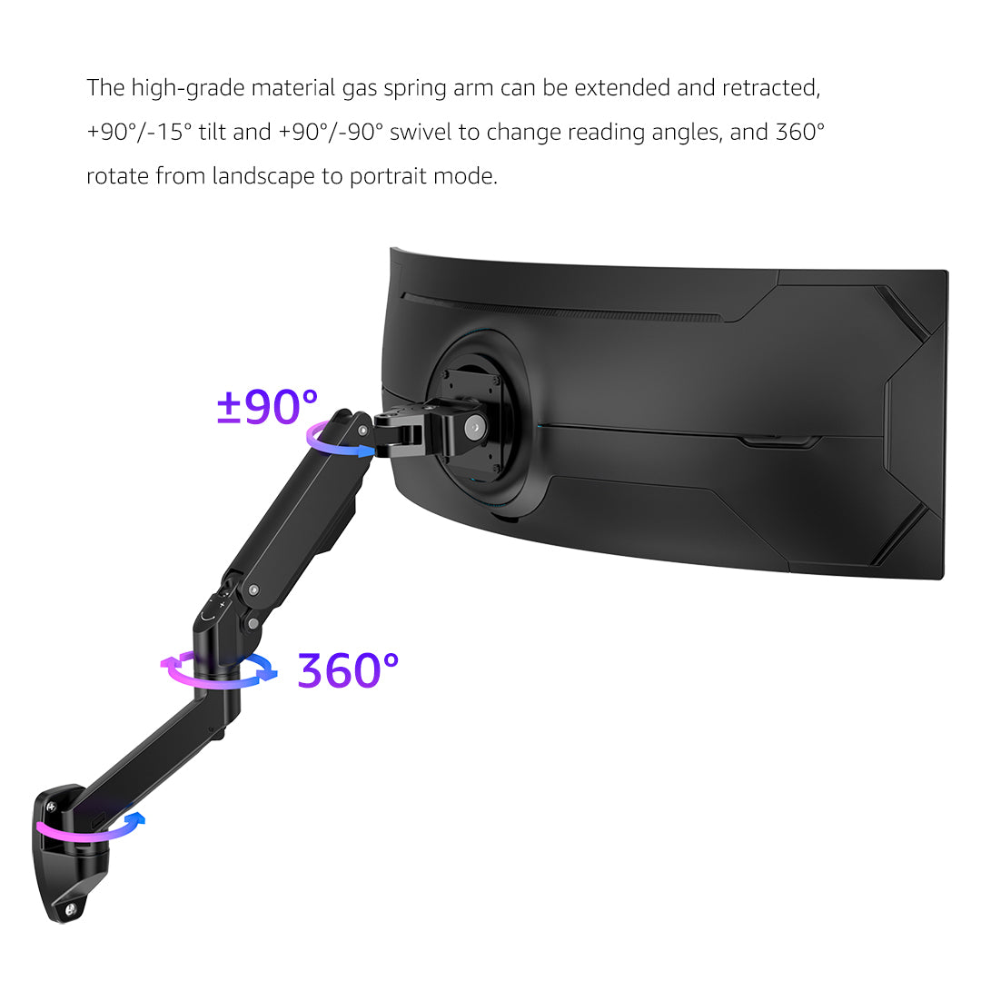 Single Ultrawide Monitor Arm , VESA Wall Mount – For 1000R Curved Monitors Up to 57 Inches, up to 44 lbs