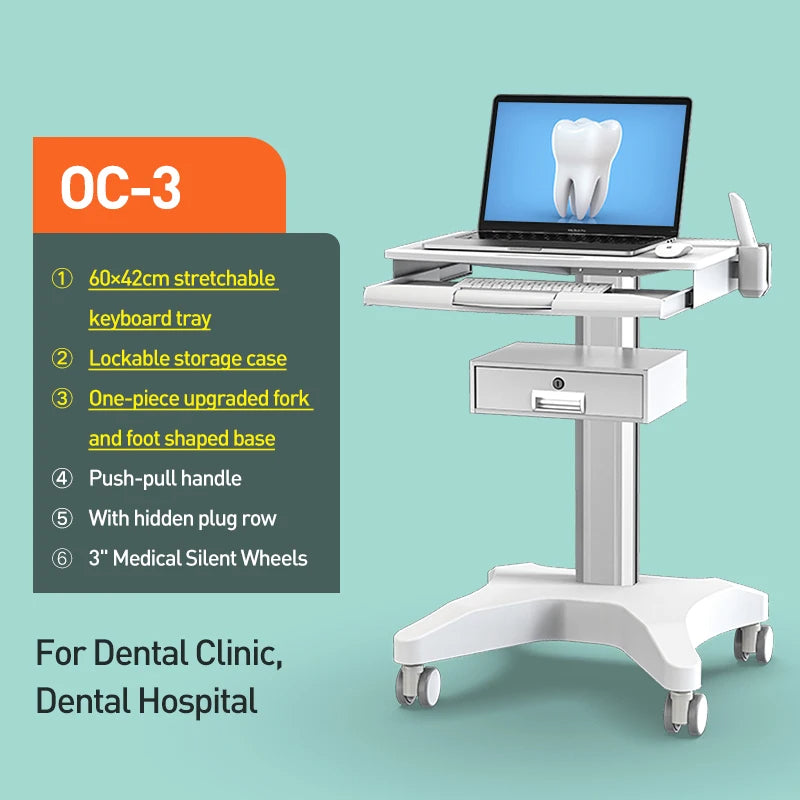 OC-3 Bewiser Medical Cart with Oral Scanner Stand Dental Clinic Cart with Wheels for Hospital and Beauty Salon