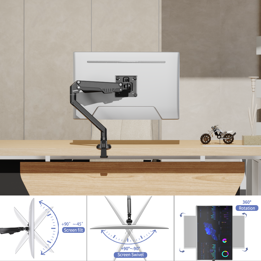 D5 Single Monitor Arm Mount Stand Fully Adjustable Gas Spring Desk Mount Swivel Bracket with C Clamp，Grommet  For 32 Inch