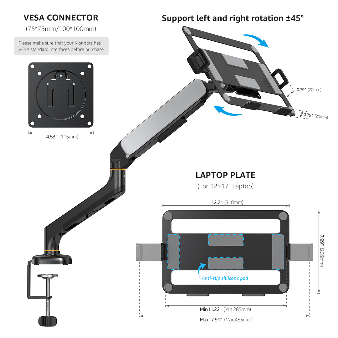 (X12N)BEWISER Laptop Arm Desk Mount with Gas Spring for 12-17 Inch Laptop，Adjustable Computer Notebook Mount Desk Stand，2-in-1 Monitor Arm for 13-32 Inch Monitor