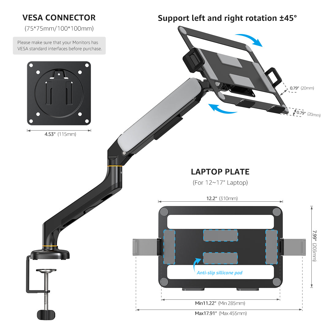 (X24N)BEWISER Dual Laptop Arm Mount for 13"-32” Monitor and 12" - 17" Notebook Desk Mount with Gas Spring，Adjustable 2-in-1 Computer Notebook Mount Desk Stand