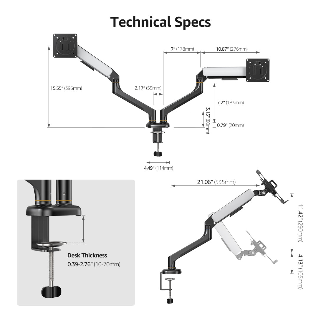 (X24N)BEWISER Dual Laptop Arm Mount for 13"-32” Monitor and 12" - 17" Notebook Desk Mount with Gas Spring，Adjustable 2-in-1 Computer Notebook Mount Desk Stand