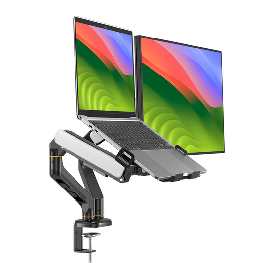 (X24N)BEWISER Dual Laptop Arm Mount for 13"-32” Monitor and 12" - 17" Notebook Desk Mount with Gas Spring,Adjustable 2-in-1 Computer Notebook Mount Desk Stand