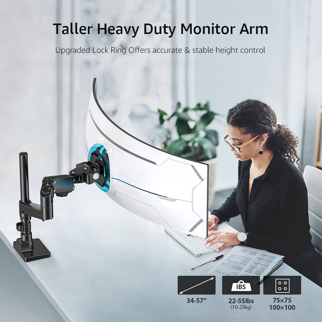 BEWISER Heavy Duty Monitor Arm Ultrawide Monitor Mount for 34-57 inches Screens,Weight Capacity Up to 44 lbs,Full Motion Height Swivel Adjustable Monitor Arm (S1020-PS)