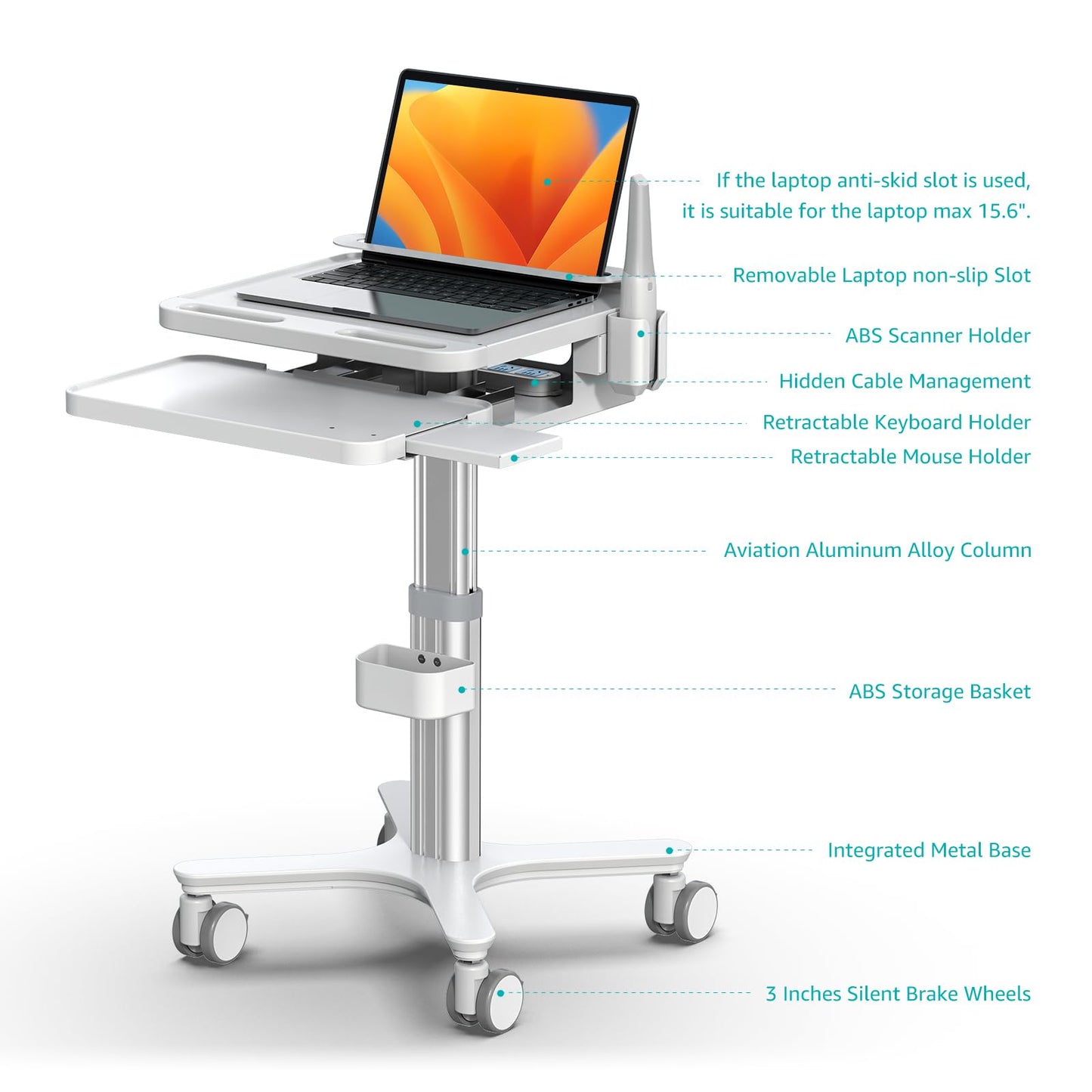 BEWISER Medical Cart Mobile Trolley Cart Height Adjustable Easy Installation Pallet Cart with Oral Scanner Holder Laptop Workstation（MTO-3）