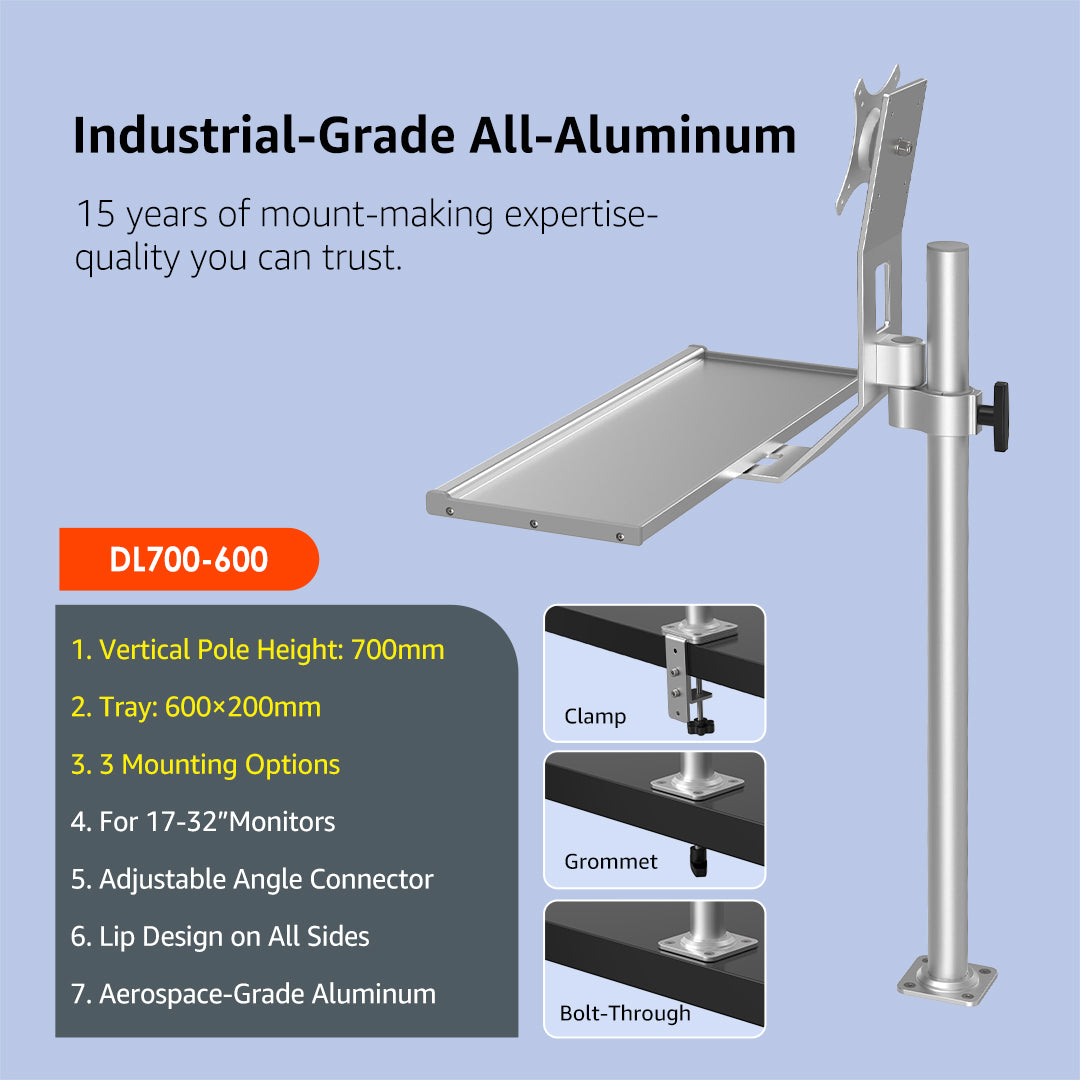 DL700-600 Industrial Monitor Stand Vertical Adjustable Height Monitor Riser Fits 17 to 32 Inch Screen with Swivel, Tilt, Height Adjustable