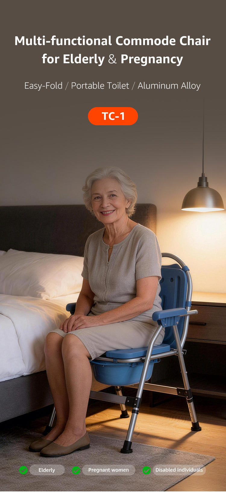 Foldable Commode Chair Bathroom Safety Equipment Direct Factory Sales for Elderly Care Products (BEWISER TC-1)