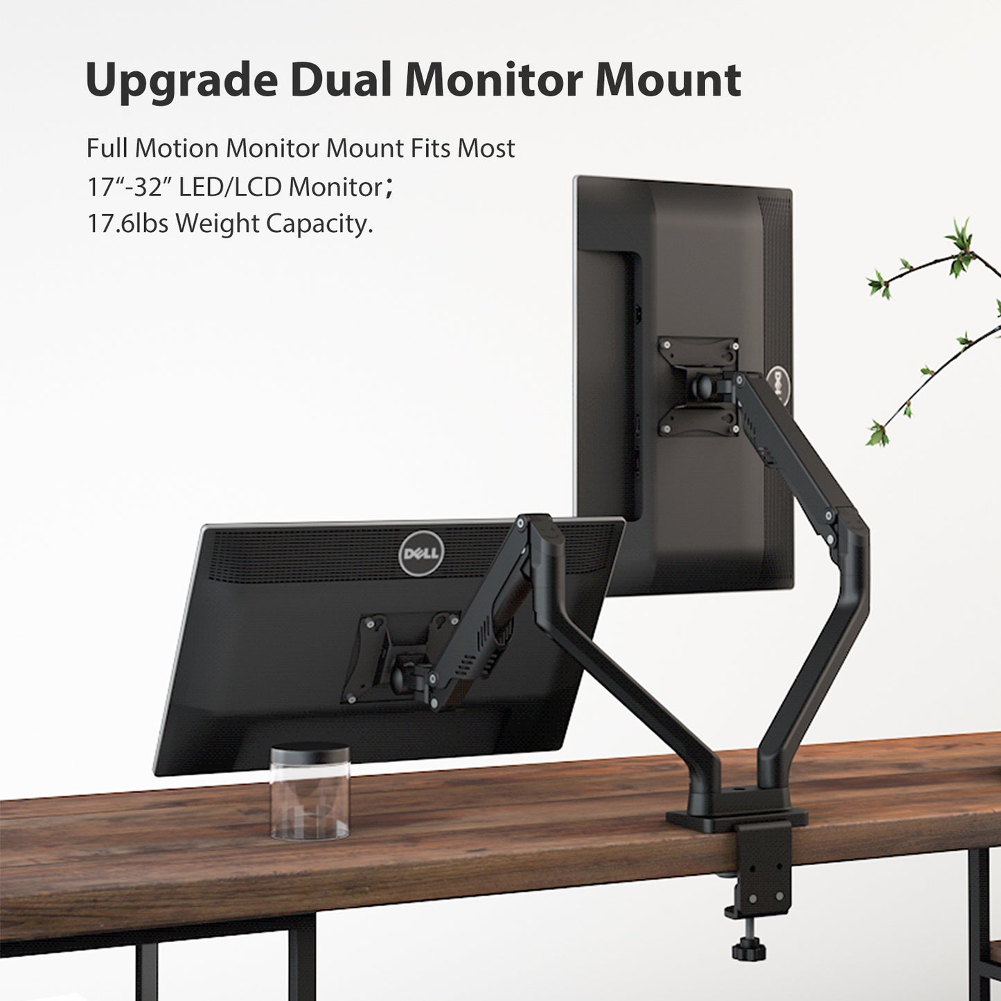 Dual Monitor Arms, For 2 Monitors，Fully Adjustable Gas Spring Desk Mount Swivel Bracket With Clamp, Grommet For Display Up to 32 Inch(D5-Dual)