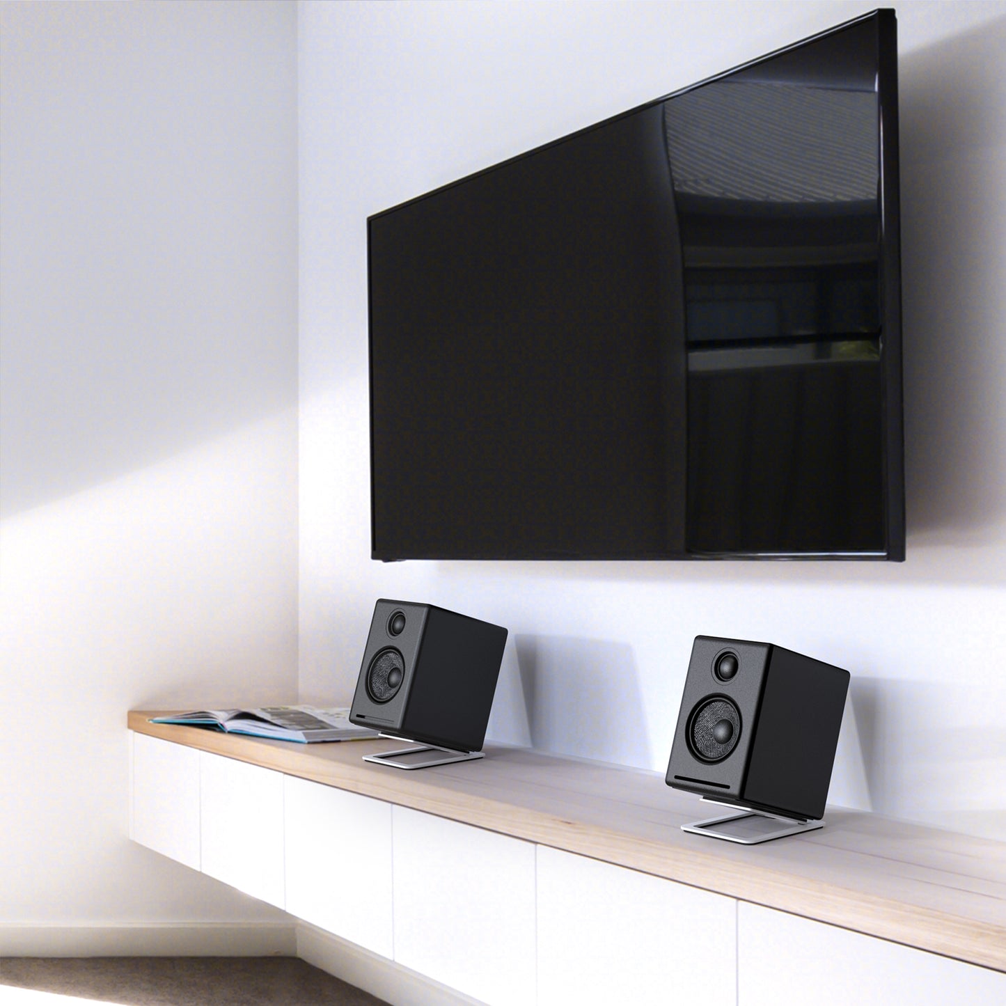 Metal Desktop Speaker Stands for Small Speakers, Tilted Tabletop Steel Computer Speaker Stands, Black （Pair）