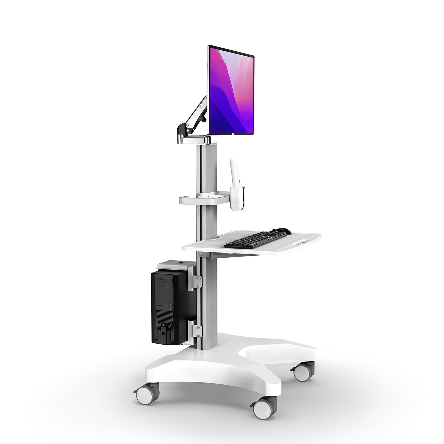 BEWISER Mobile Trolley Cart Medical Cart with Wheels，With Monitor Arm And CPU Holder