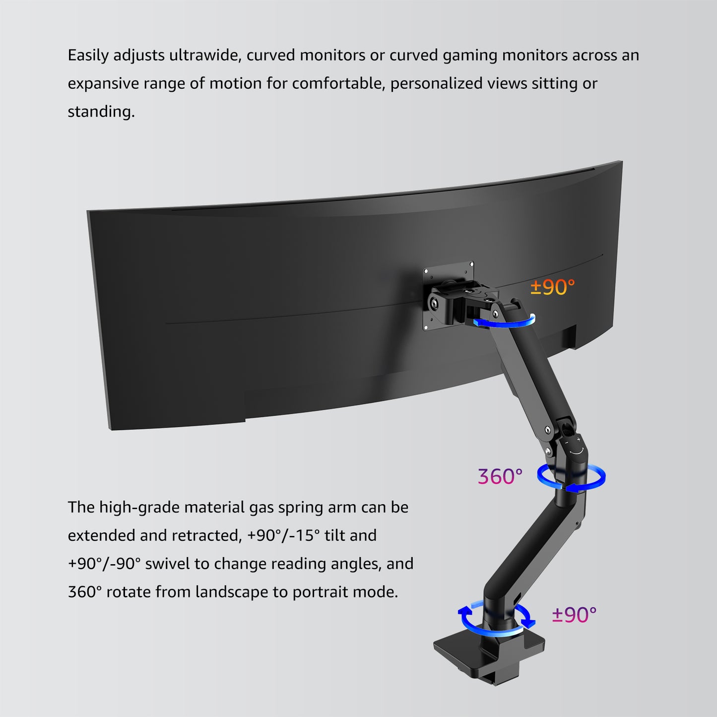 Single Ultrawide Monitor Arm , VESA Desk Mount – For 1000R Curved Monitors Up to 49 Inches, up to 44 lbs